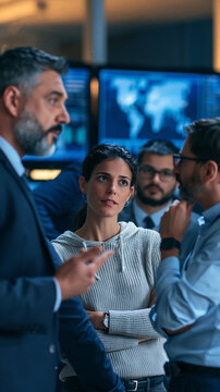 diverse IT team discussing cloud security strategy in a modern glass office, vertical composition, blue technology screens, authentic corporate editorial photography