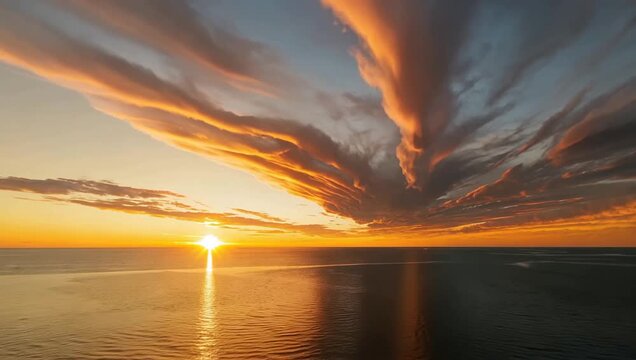 Spectacular blazing red and golden orange sunset clouds evolving dramatically across the sky.