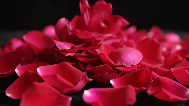 Close-up of vibrant red rose petals gently falling onto a dark textured, creating a romantic
