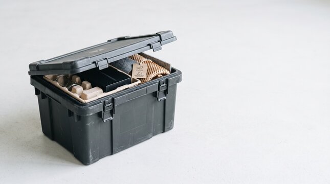 Open toolbox with tools and materials on a white surface