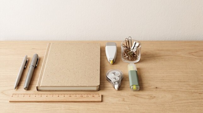 Minimalist office desk with stationery