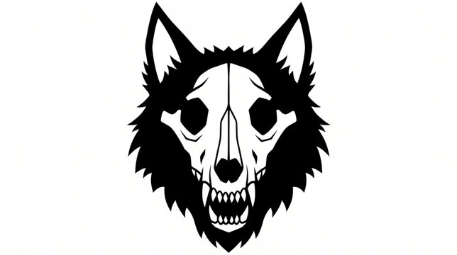 Black and white vector illustration of a wolf skull with fur framing the face