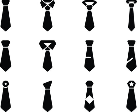 Necktie and business tie icon set in solid black silhouette