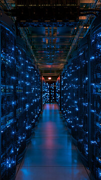 modern server room with tall advanced cooling systems and immaculate server racks, cold white and blue light, architectural vertical photography