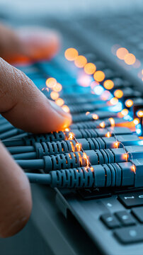 network engineer connecting glowing fiber optic cables inside a tall server cabinet, blue and orange light trails, close-up realistic vertical technology photography