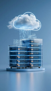 secure cloud backup concept, luminous data streams rising from corporate servers into a bright cloud, vertical enterprise cloud architecture, cinematic realism