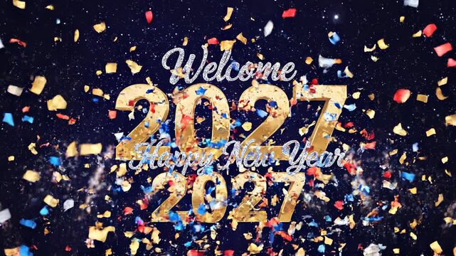 Golden 2027 text with sparkling confetti and fireworks during New Year celebration