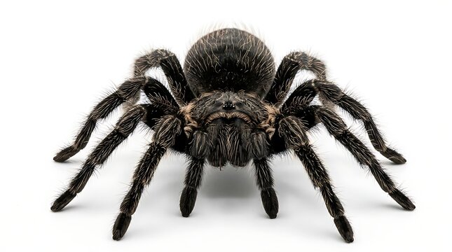 Black tarantula spider isolated on a white background, showing its hairy body, long legs, and distinctive arachnid appearance
