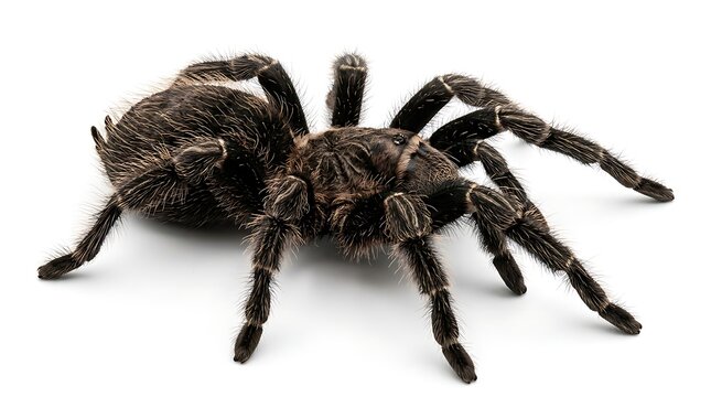 Black tarantula spider isolated on a white background, showing its hairy body, long legs, and distinctive arachnid appearance