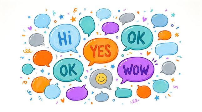Set of colorful speech bubbles with words hi, yes, ok, and wow isolated on white background