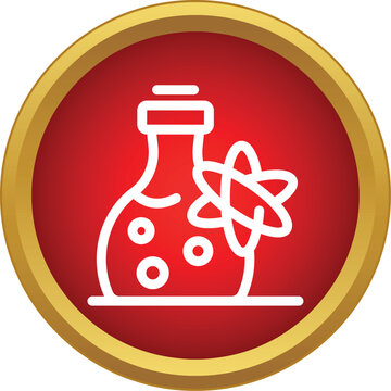 Science flask with atom symbol on a round red and gold background