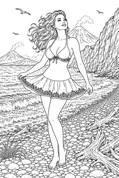 A joyful adult lifts her decorative skirt while enjoying the shoreline, captured in finely detailed monochrome linework with foamy surf, volcanic peaks, and rugged rocks.