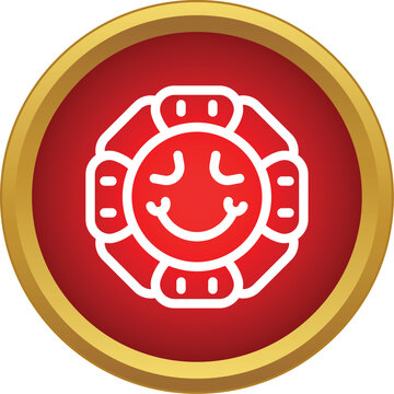 Happy smiling face icon on a red medallion with a gold border