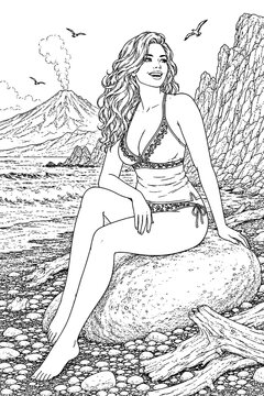 A smiling adult in decorative swimwear rests comfortably on a seaside boulder, surrounded by waves, driftwood, birds, and volcanic scenery in elegant black-and-white line art.