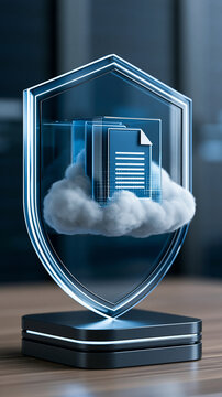 personal data protection concept, sensitive digital documents inside a towering glowing shield, cloud and server room background, premium corporate cyber visual