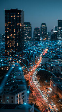 5G smart city at night in vertical view, skyscrapers connected by luminous blue IoT data lines, cloud servers overhead, photorealistic futuristic city