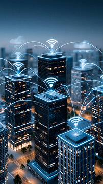 5G smart city at night in vertical view, skyscrapers connected by luminous blue IoT data lines, cloud servers overhead, photorealistic futuristic city