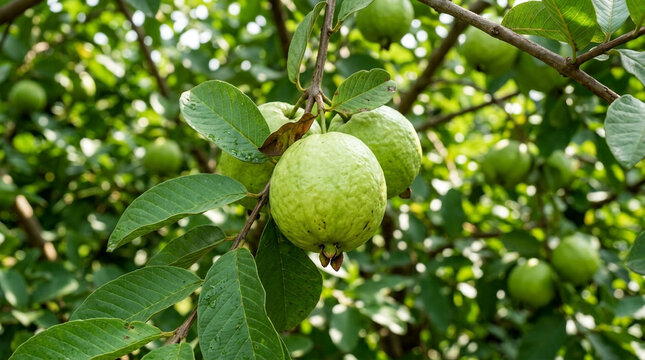Fresh ripe guava fruits growing on a tree branch in sunlight