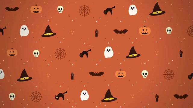 Seamless Halloween Pattern with Cute Icons on Orange Background