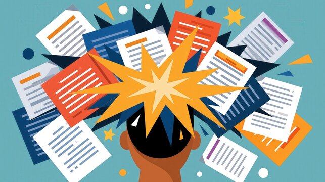 Overwhelmed individual experiences information overload with documents exploding from head.