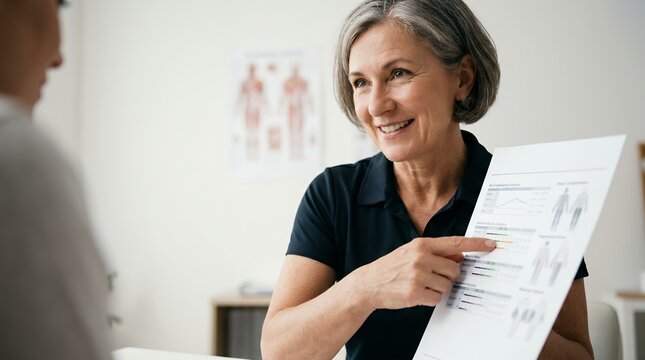 Mature fitness instructor explaining body composition analysis report to a client in clinic.