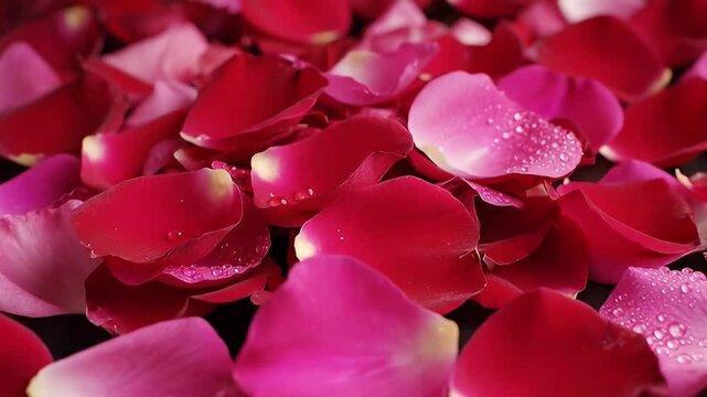 Close-up view of scattered red and pink rose petals forming a frame on a dark background, slow