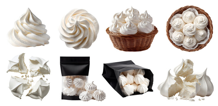 Set of Meringue Cookie, Classic French light sweet crispy confections biscuit treat, ratten basket, resealable takeaway craft bag package, stack pile broken bite, transparent cutout PNG Mockup