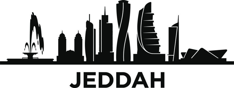Jeddah Saudi Arabia city skyline silhouette featuring King Fahd Fountain landmark urban skyscraper vector illustration