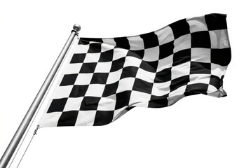 Fototapeta premium Waving Checkered Finish Line Flag on Silver Pole Isolated on White Background Symbolizing Victory and Motor Racing Success.