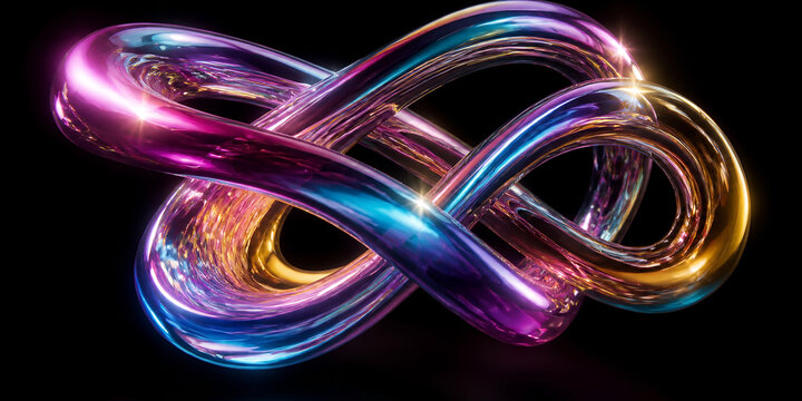 A metallic infinity knot shape with iridescent rainbow colors and glossy reflections isolated on a deep black background, in a3, d rendered style