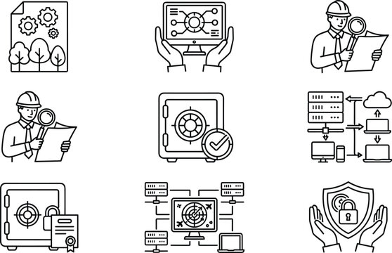 Data security and industrial network architecture vector line icon set featuring server infrastructure vaults and engineer inspection
