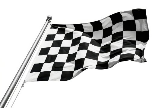 Waving Checkered Finish Line Flag on Silver Pole Isolated on White Background Symbolizing Victory and Motor Racing Success.