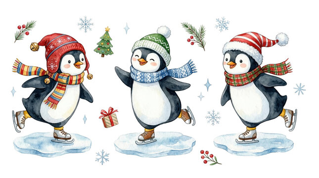 Watercolor Christmas penguins skating on ice with scarves and hats, cute winter characters isolated on white or transparent background