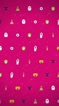 Seamless Halloween Pattern with Cute Flat Icons on Vibrant Pink Background