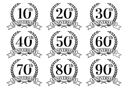 Anniversary icon or logo set with laurel wreath. 10, 20, 30, 40, 50, 60, 70, 80, 90 years jubilee, birthday badge, label or emblem. Celebration design element. Vector illustration.