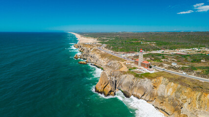 Fototapeta na wymiar Panoramic Aerial View of Cabo Mondego Lighthouse and Cliffs