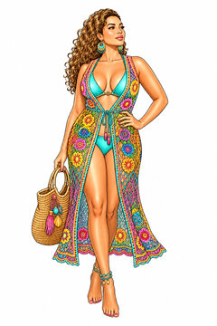 Confident woman models a turquoise bikini beneath an ornate floral coverup while carrying a woven beach bag, blending vivid resort style with detailed digital illustration.