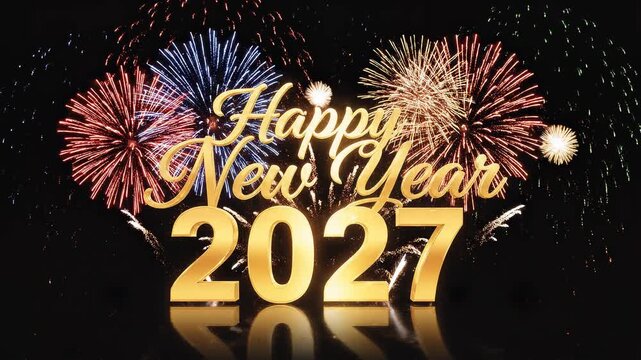 Golden New Year 2027 text with sparkling fireworks celebration during night time festive occasion