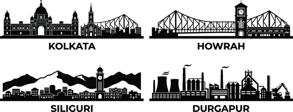 West Bengal city skyline silhouette set featuring Kolkata Howrah Siliguri and Durgapur landmark vector illustration