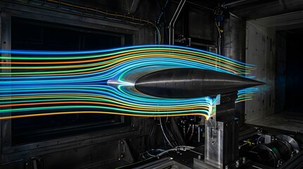Fototapeta premium Sleek aerodynamic metal test model undergoes high speed wind tunnel trials featuring vibrant multicolored light flow patterns during technical performance analysis