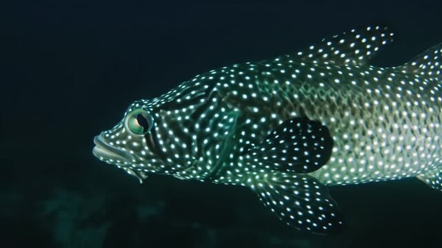 Beautiful spotted marine grouper fish swimming slowly in deep dark ocean water