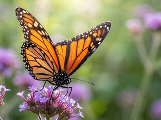 Fototapeta premium Macro Close Up of Monarch Butterfly Resting on Purple Flower