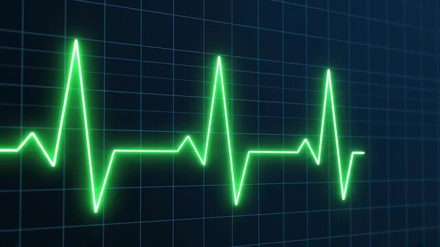 Green EKG waveform pulses steadily on a dark blue digital monitor grid with subtle camera zoom