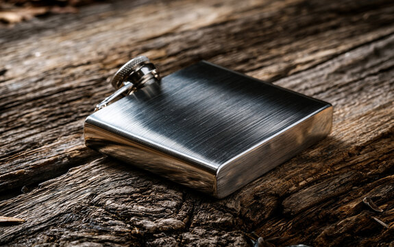 Alcohol consumption and celebration, stainless steel hip flask on rustic wooden table, beverage container for spirits