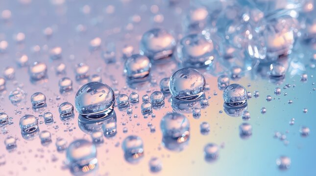 Macro photograph of transparent water droplets scattered on a smooth glass surface with rainbow reflections with droplets rest reflective rainbow gradient effect