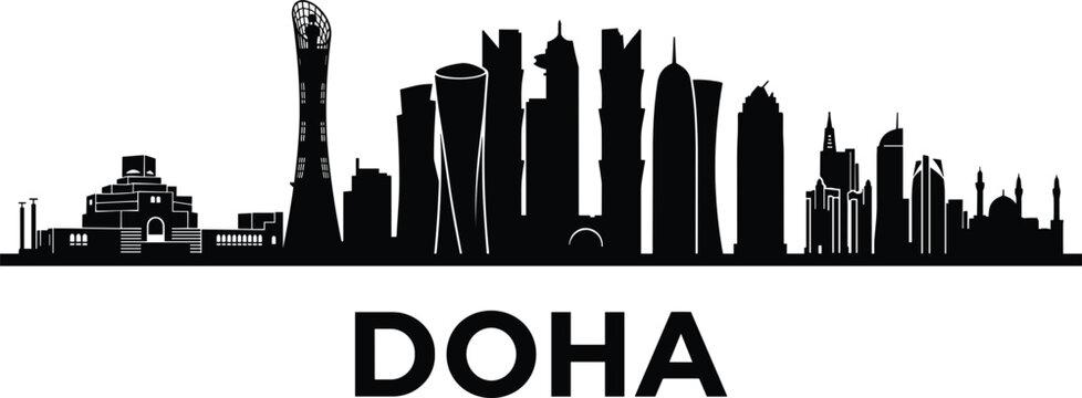 Doha Qatar city skyline silhouette featuring Tornado Tower Aspire Tower Museum Islamic Art cityscape vector illustration