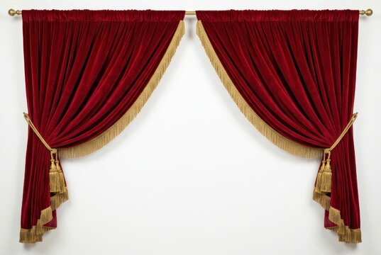 Elegant Red Velvet Theater Curtains with Gold Fringe and Tassels Isolated on White Background for Stage and Performance
