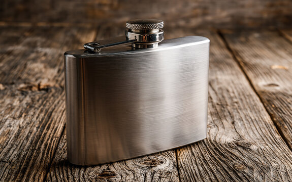 Alcohol consumption and celebration, stainless steel hip flask on rustic wooden table, beverage container for spirits