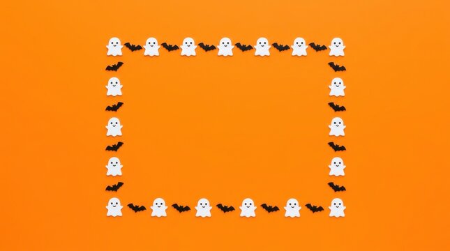 A festive halloween frame made of small white ghost figures and black bats on a vibrant orange background