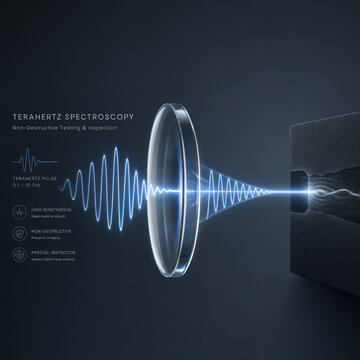 3D terahertz technology and non-destructive testing concept, translucent electromagnetic lens focusing glowing THz wave pulses with copy space